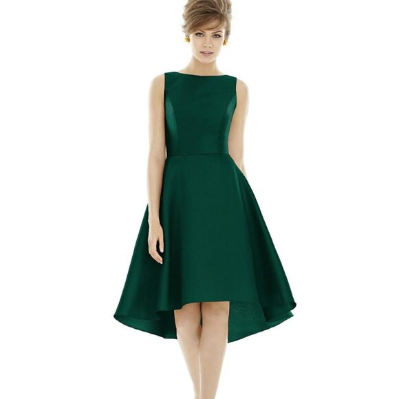 ALFRED SUNG Bateau Neck Satin High Low Cocktail Dress In Hunter Green - Picture 1 of 6